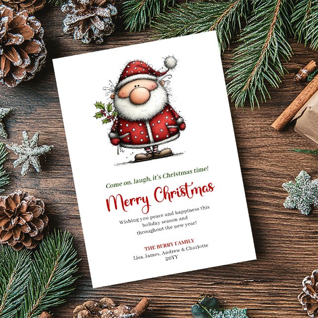 Tarjeta Festiva Whimsical Modern Santa Red Green Holiday Greeting (Whimsical Modern Santa Red Green Holiday Greeting)