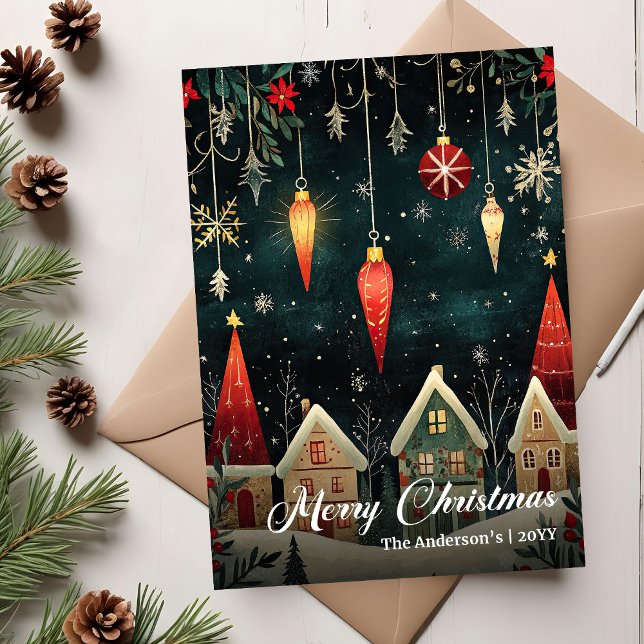 Tarjeta Festiva Whimsical nostalgic Christmas scene card template (Whimsical nostalgic Christmas scene card template)