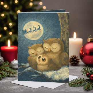 Tarjeta Festiva Whimsical Owl Family Christmas Cozy Winter Night