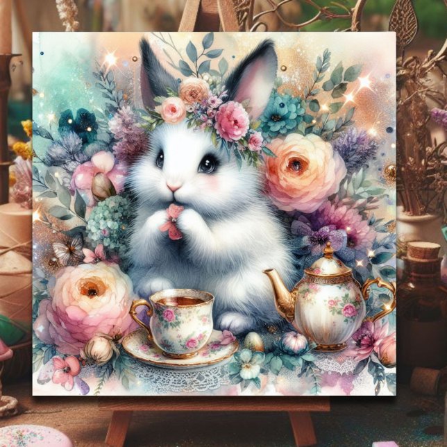 Tarjeta Festiva Whimsical Pastel Floral Pascua Bunny Tea Garden (Subido por el creador)