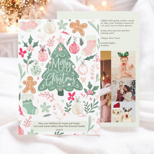 Tarjeta Festiva Whimsical Pastel Merry Christmas 4 fotos (Whimsical Pastel Merry Christmas 4 photos Holiday Card)