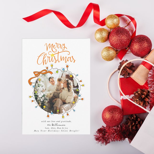 Tarjeta Festiva Whimsical Photo Pastel Christmas Lights  (Whimsical Photo Pastel Merry Christmas Lights Coquette Red Bow Holiday Card)