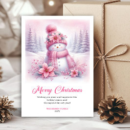 Tarjeta Festiva Whimsical Pink Snowman Kids Editable Christmas