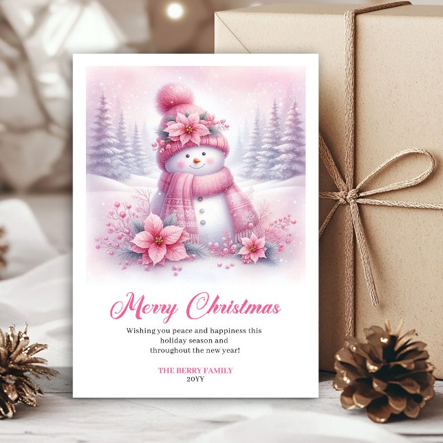 Tarjeta Festiva Whimsical Pink Snowman Kids Editable Christmas  (Whimsical Pink Snowman Kids Editable Christmas Greeting Card)