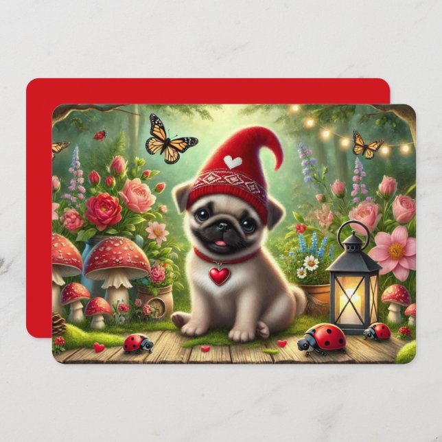 Tarjeta Festiva Whimsical Pug Flat Holiday Card (Anverso / Reverso)