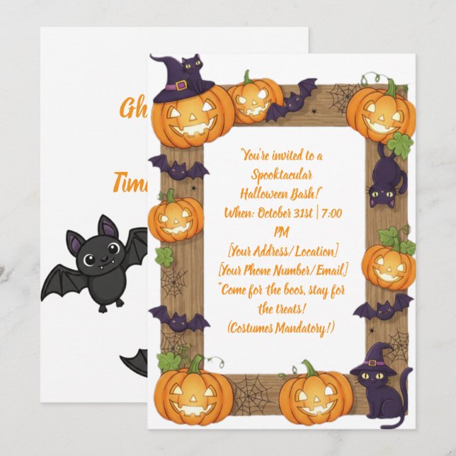 Tarjeta Festiva Whimsical Pumpkin and Black Cat Halloween Invite (Anverso / Reverso)