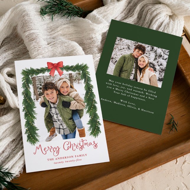 Tarjeta Festiva Whimsical Red Bow Garland Christmas 2 Photo (Subido por el creador)