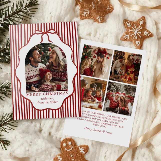 Tarjeta Festiva Whimsical Red Bow Merry Christmas Family Photo (Subido por el creador)