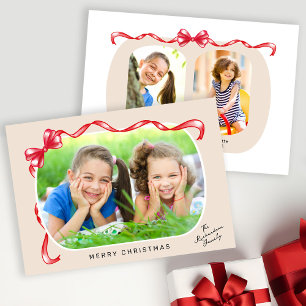 Tarjeta Festiva Whimsical Red Bow Ribbon 3 Fotos Navidades