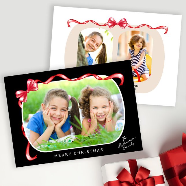 Tarjeta Festiva Whimsical Red Bow Ribbon 3 Fotos Navidades (Subido por el creador)