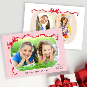Tarjeta Festiva Whimsical Red Bow Ribbon 3 Fotos Navidades