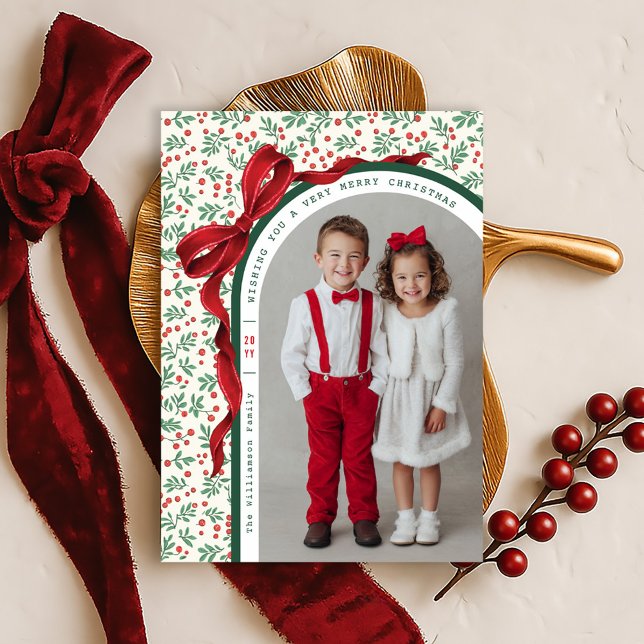 Tarjeta Festiva Whimsical Red Bow Ribbon Christmas Holiday Photo (Subido por el creador)