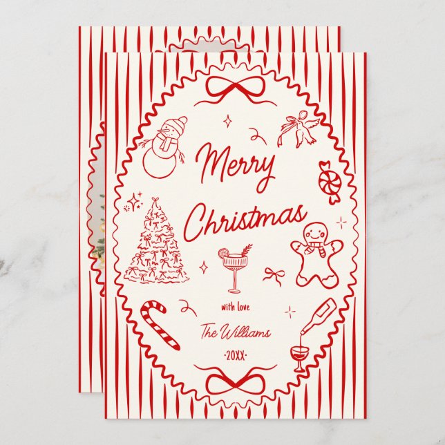 Tarjeta Festiva Whimsical Red Hand Drawn Doodles Christmas Photo  (Anverso / Reverso)