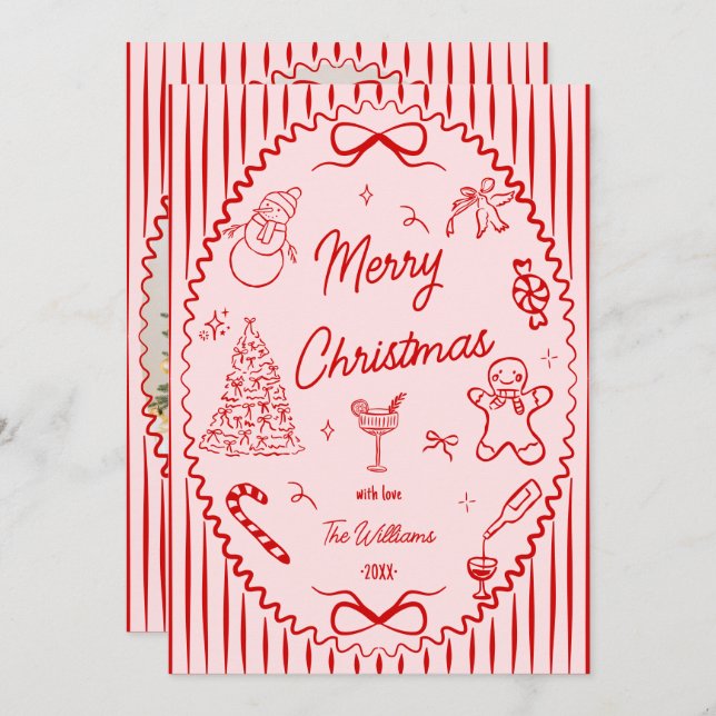Tarjeta Festiva Whimsical Red Pink Hand Drawn Christmas Photo  (Anverso / Reverso)