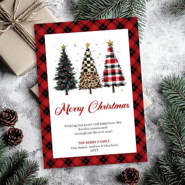 Tarjeta Festiva Whimsical Red Plaid Christmas Tree Leopard Pattern (Whimsical Red Plaid Christmas Tree Leopard Pattern)
