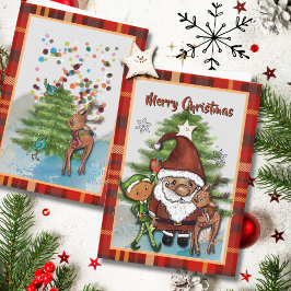 Tarjeta Festiva Whimsical Santa, Deer & Elf Boy Plaid Christmas