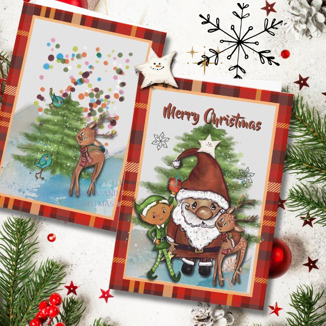 Tarjeta Festiva Whimsical Santa, Deer & Elf Boy Plaid Christmas (Whimsical Santa, Deer & Elf Boy Plaid Christmas Holiday Card)
