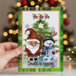 Tarjeta Festiva Whimsical Santa, Deer & Elf Plaid Christmas Card
