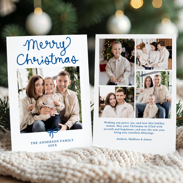 Tarjeta Festiva Whimsical Script Blue Bow Christmas 5 Photo (Subido por el creador)