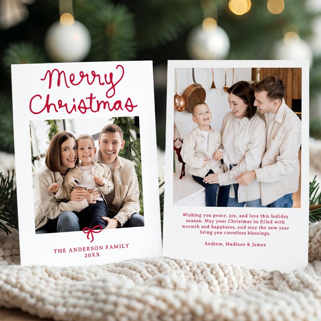 Tarjeta Festiva Whimsical Script Red Bow Christmas 2 Photo (Subido por el creador)
