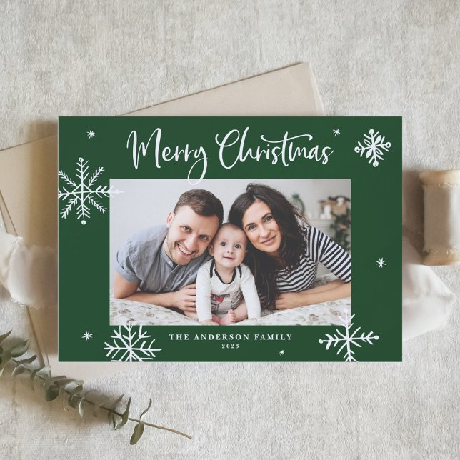 Tarjeta Festiva Whimsical Snowflakes Green Merry Christmas Photo (Subido por el creador)