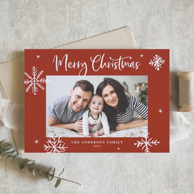 Tarjeta Festiva Whimsical Snowflakes Red Merry Christmas Photo (Subido por el creador)