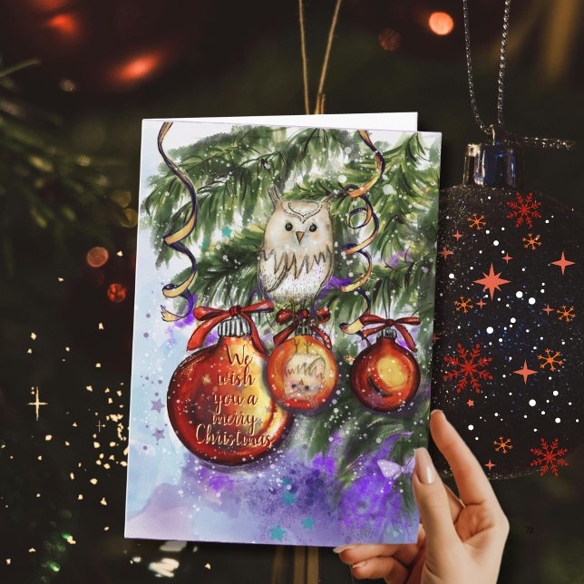 Tarjeta Festiva Whimsical Snowy Owl Christmas Ornament  (Whimsical Snowy Owl Christmas Ornament Holiday Card)