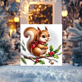 Tarjeta Festiva Whimsical Squirrel con Holly y Red Scarf