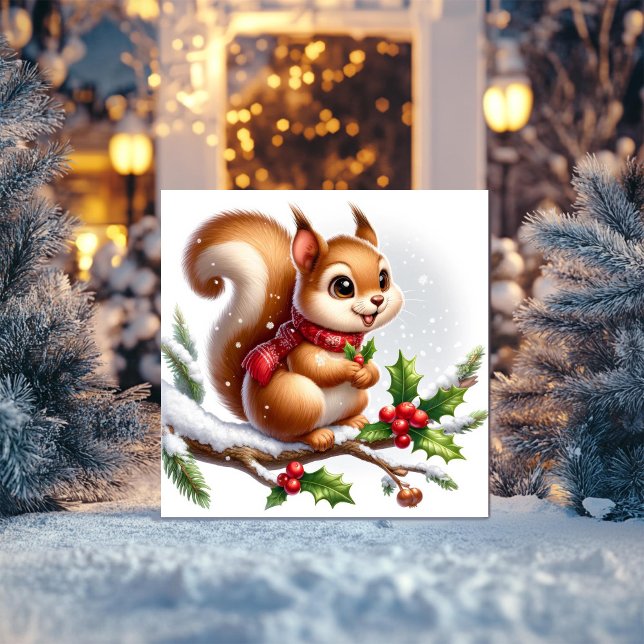 Tarjeta Festiva Whimsical Squirrel con Holly y Red Scarf (Subido por el creador)