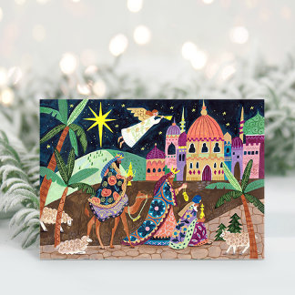 Tarjeta Festiva Whimsical Three Wise Men Kings with star and gifts