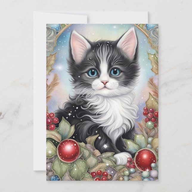 Tarjeta Festiva Whimsical Tuxedo Kitten Holly Berries Frame (Anverso)