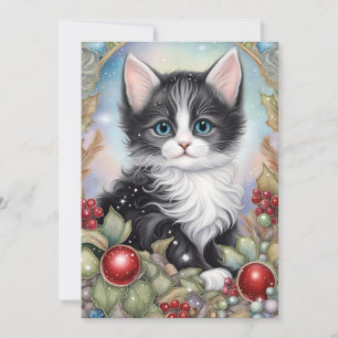 Tarjeta Festiva Whimsical Tuxedo Kitten Holly Berries Frame