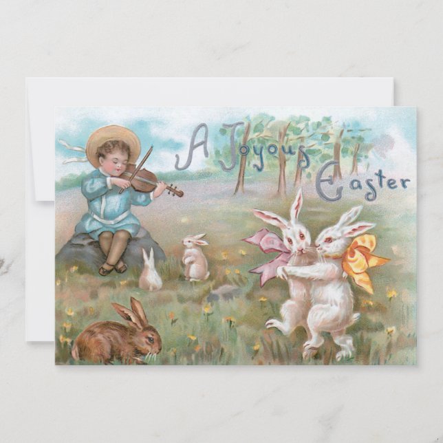 Tarjeta Festiva Whimsical Vintage Dancing Easter Bunnix (Anverso)
