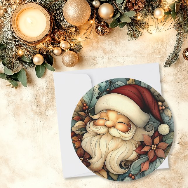 Tarjeta Festiva Whimsical Vintage Santa Personalizable Round (Whimsical Vintage Santa Customizable Round Holiday Card)