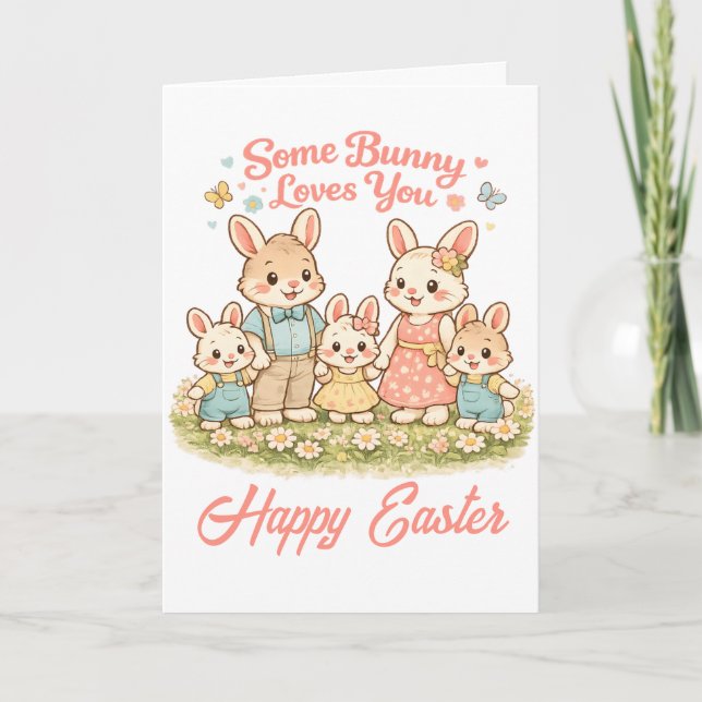 Tarjeta Festiva Whimsical Watercolor Bunny Family Happy Easter (Anverso)