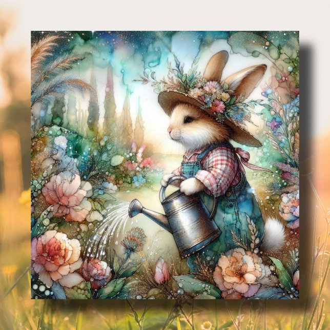 Tarjeta Festiva Whimsical Watercolor Gardener Rabbit Easter (Subido por el creador)