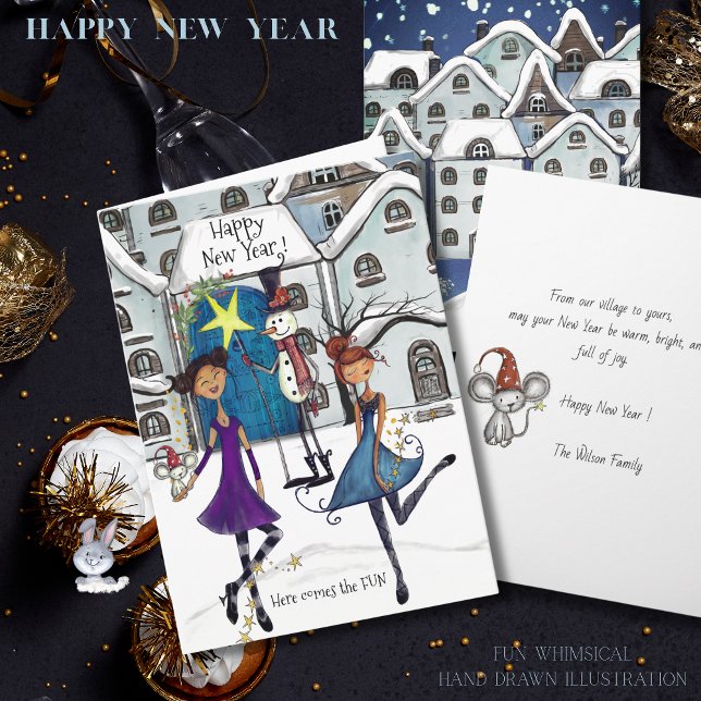 Tarjeta Festiva Whimsical Winter Village Happy New Year Greeting  (Whimsical Winter Village Happy New Year Greeting Holiday Card)