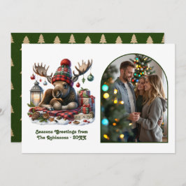 Tarjeta Festiva Whimsical Woodland Moose Rustic Nordic Christmas