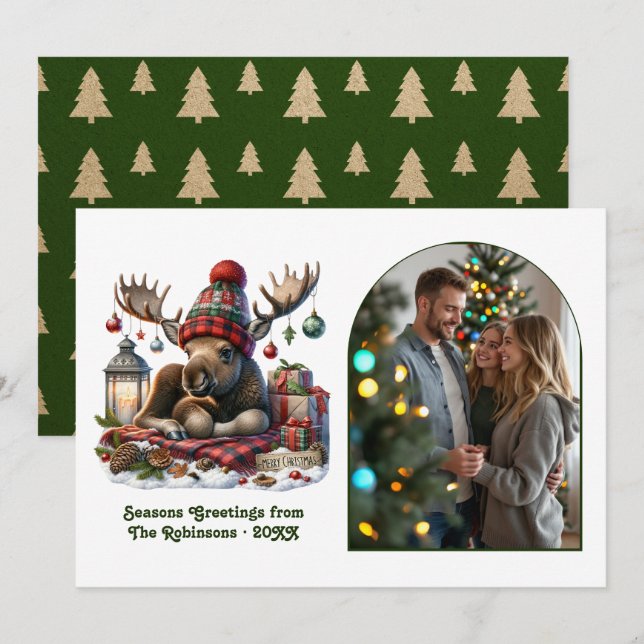 Tarjeta Festiva Whimsical Woodland Moose Rustic Nordic Christmas (Anverso / Reverso)