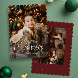 Tarjeta Festiva Whimsy script Merry Christmas three photo red