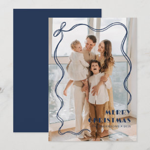 Tarjeta Festiva Whimy Blue Ribbon Family Photo Merry Christmas
