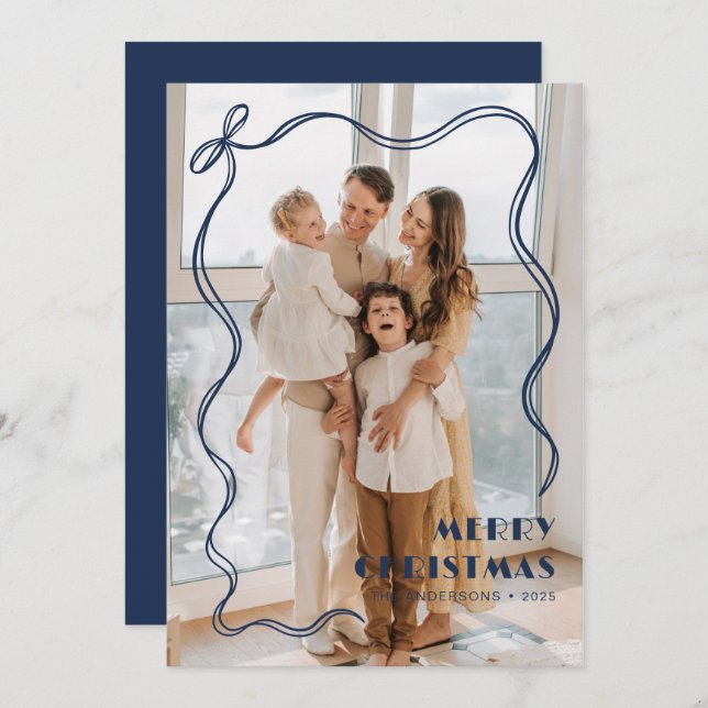 Tarjeta Festiva Whimy Blue Ribbon Family Photo Merry Christmas (Anverso / Reverso)