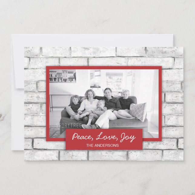 Tarjeta Festiva White Brick Wall Peace Love Joy Holiday Photo Card (Anverso)