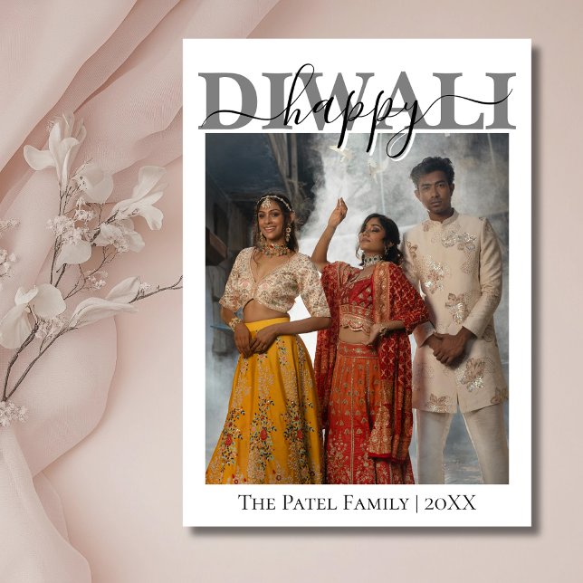 Tarjeta Festiva White Calligraphy Photo Happy Diwali Greeting (Subido por el creador)