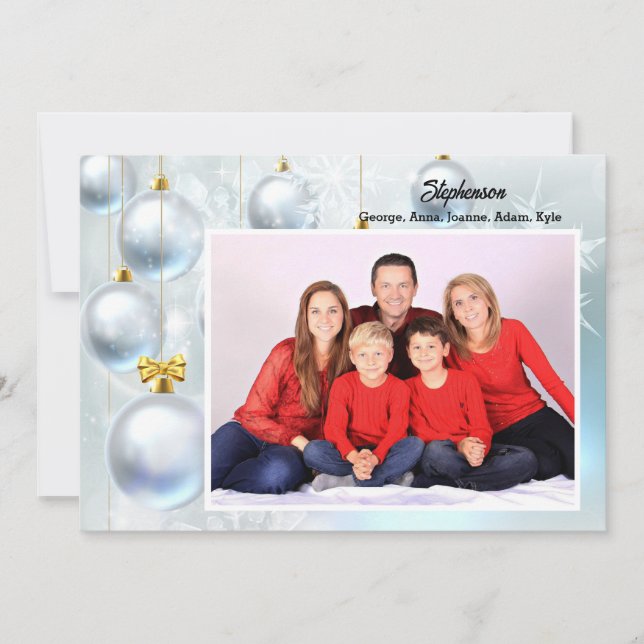 Tarjeta Festiva White Christmas Ornaments personalize with Photo (Anverso)