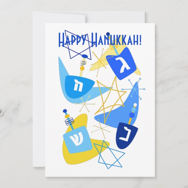 Tarjeta Festiva White Dreidels de mediados del siglo (Anverso)