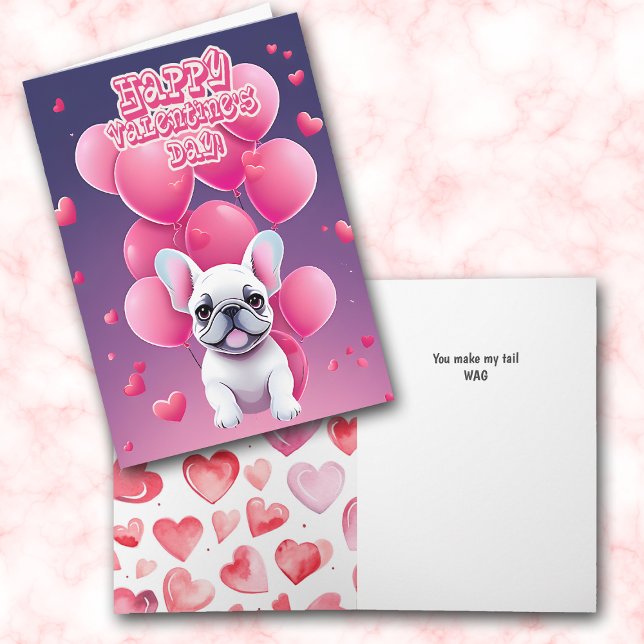 Tarjeta Festiva White French Bulldog Valentine Balloons (Subido por el creador)