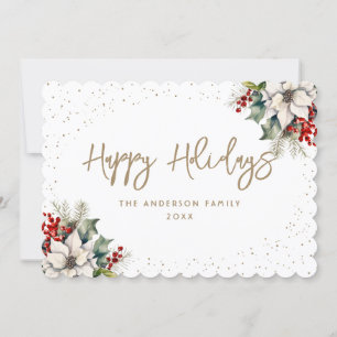 Tarjeta Festiva White Poinsettia Spruce Holly Red Berries