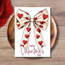 Tarjeta Festiva White Red Bow Blush Pink Happy Valentines Day