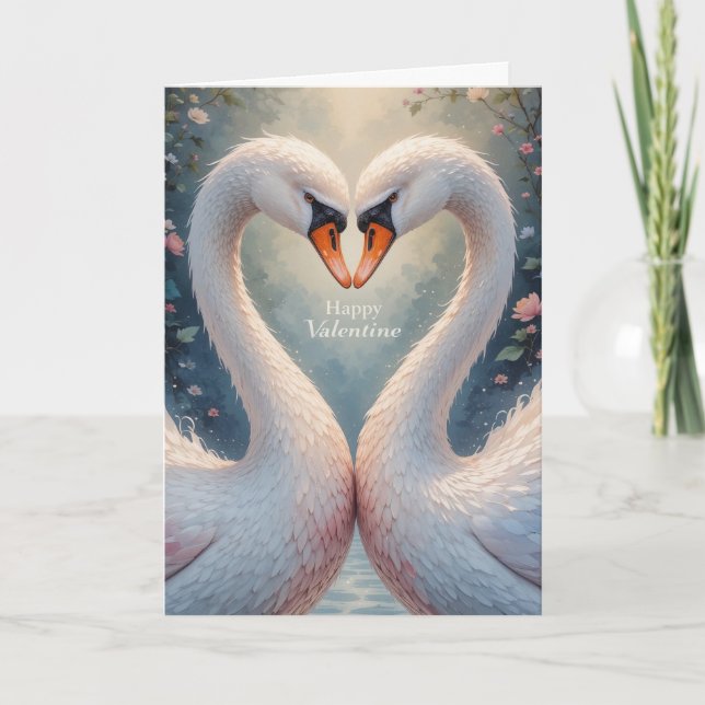 Tarjeta Festiva White Swans Valentine Romantic Love Birds  (Anverso)